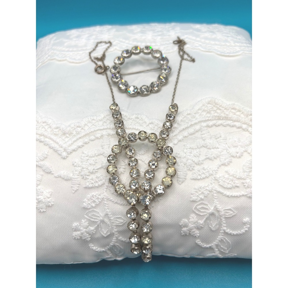 Vintage Rhinestone Circle Brooch Necklace Jewelry Set - Picture 6 of 8